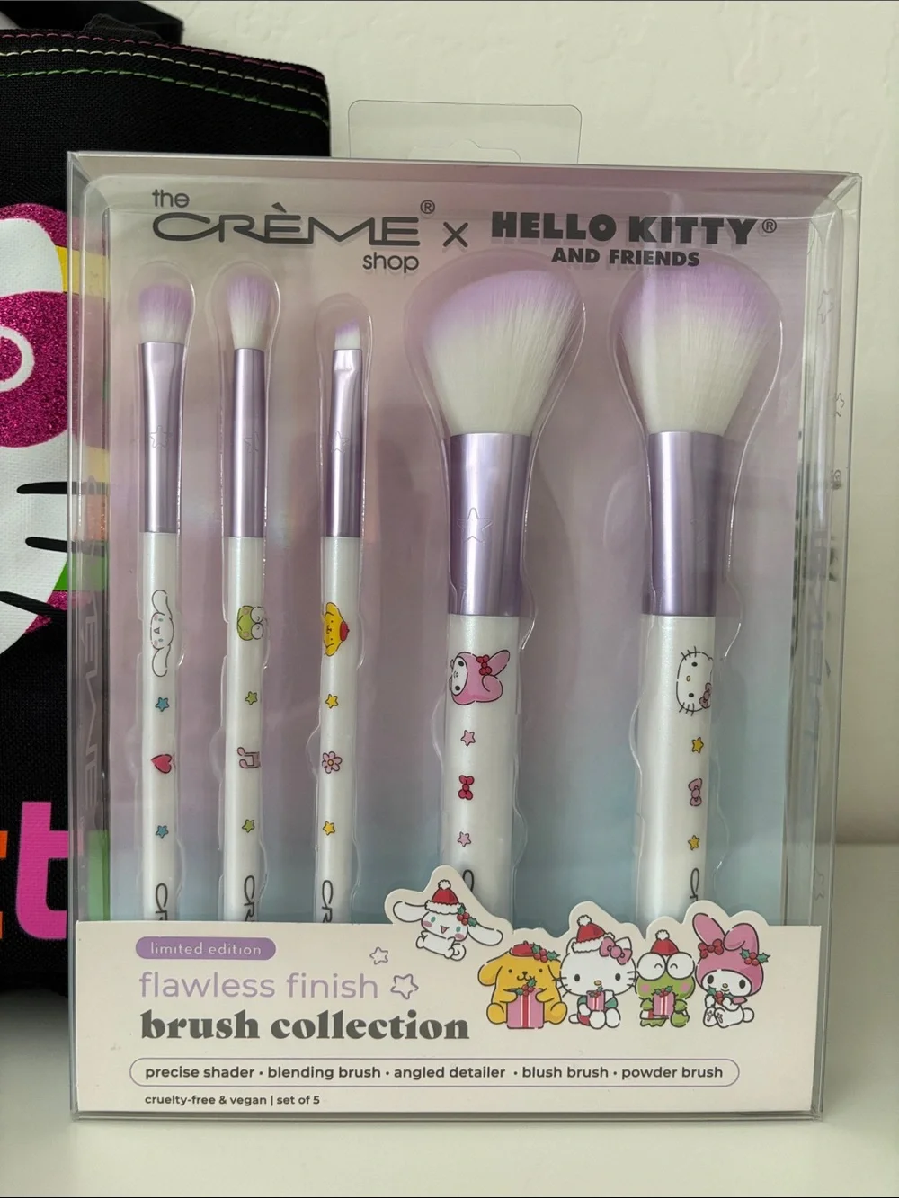 Hello Kitty Kids Black Tote Bag with Pink Glitter Heart & Makeup Brush Set